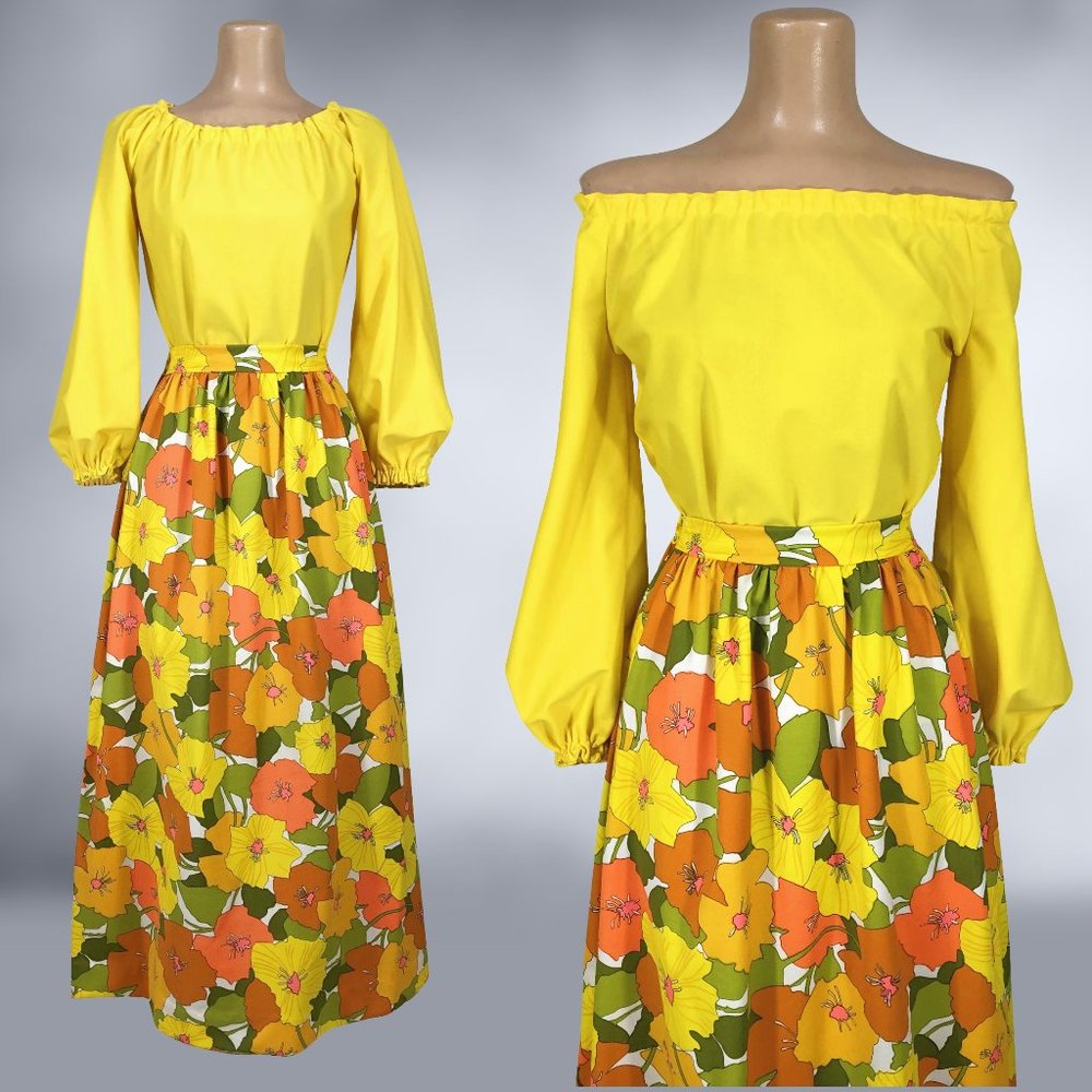 VINTAGE 70s Flower Power Maxi Skirt and Balloon Sleeve Blouse Set Handmade